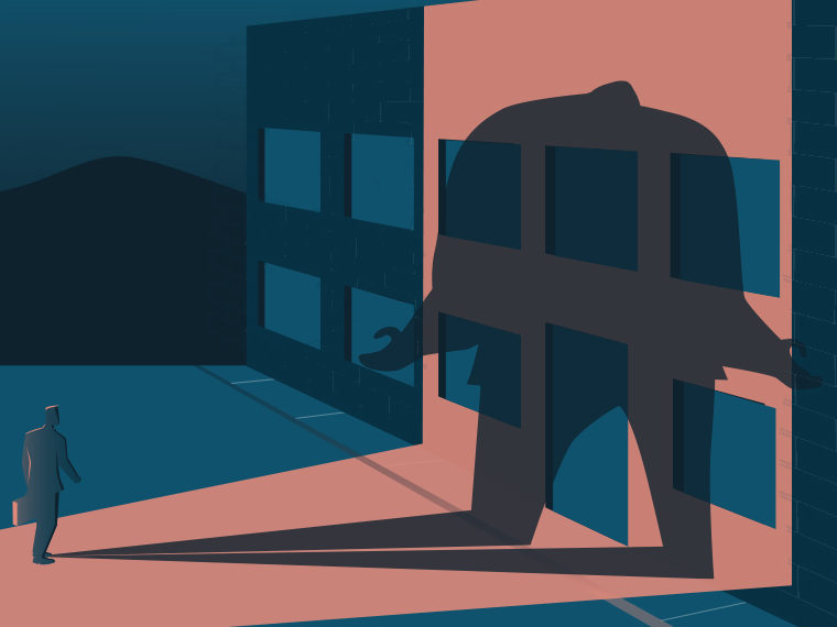 Illustration of office buildings with a silhouette of a figure holding their arms out