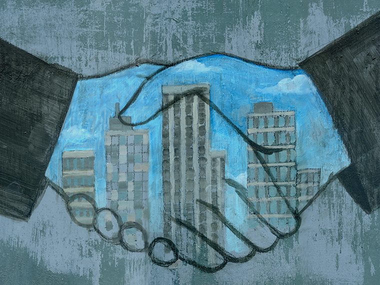 Illustration of two arms shaking hands with skyscrapers in the middle