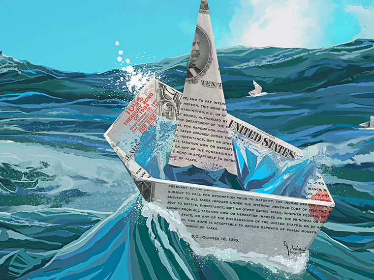 Illustration of bond certificates as a boat in the ocean filled with water
