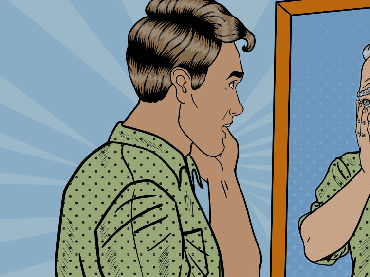 Illustration of a young man looking into a mirror, reflecting his older self