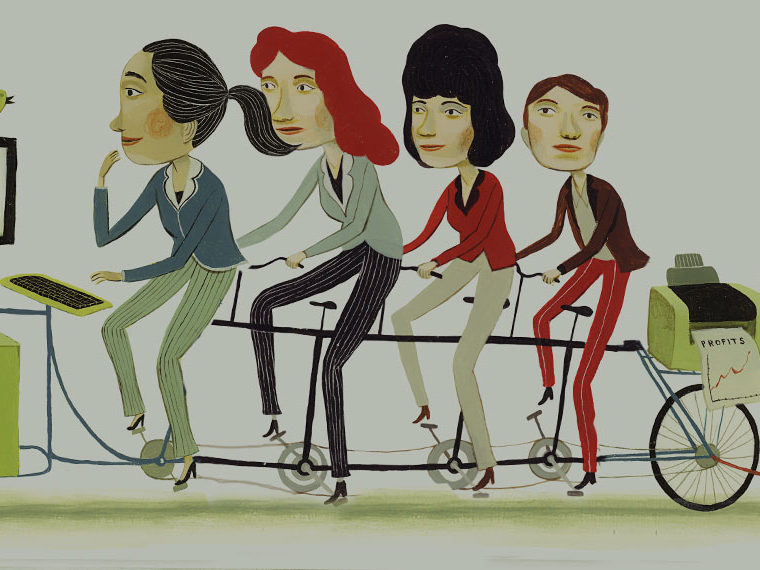 Illustration of workers pedaling to power a computer