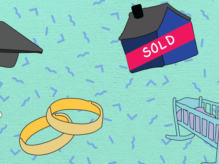 Illustration of a house, cap, rings, car keys, baby crib