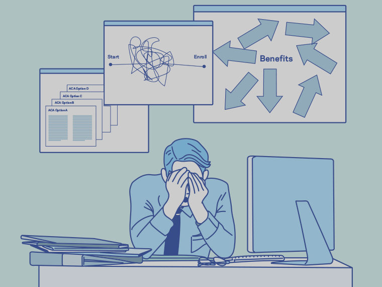 Illustration of a man in front of a computer covering his face while stressed