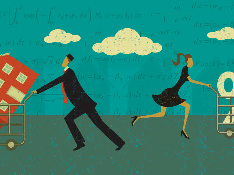 Illustration of a man and woman pushing grocery carts with equations and clouds as a background