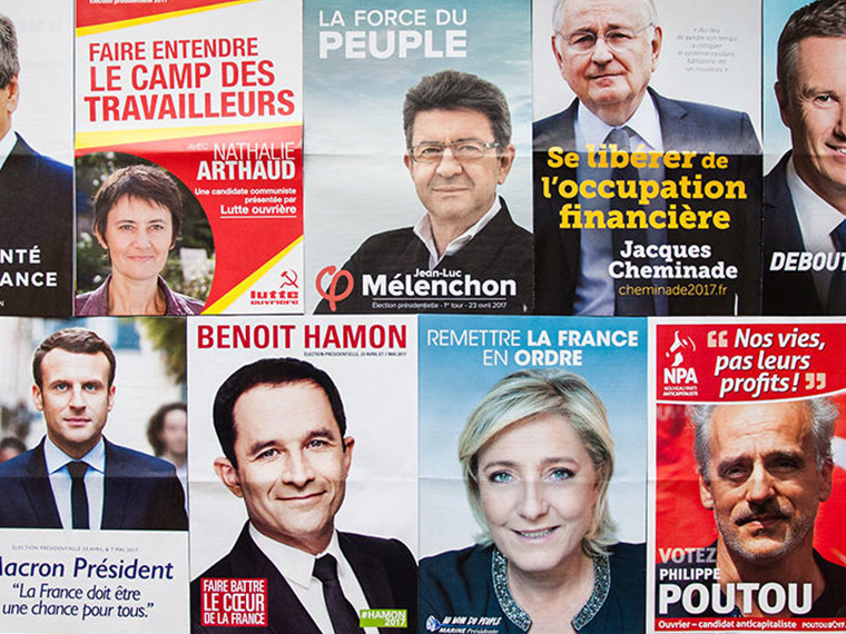 Posters for various candidates for the French presidential election