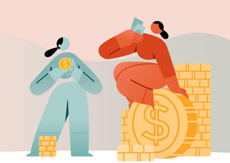 Two cartoon figures. One is sitting on a large pile of gold coins while the other has very few.