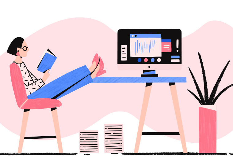 Graphic of investor leisurely sitting in front of an investment terminal reading a book