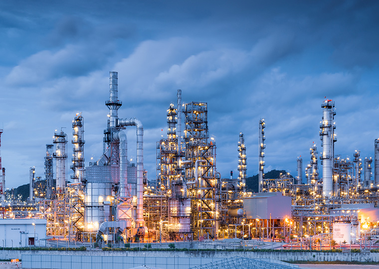 A view of a petrochemical plant at night