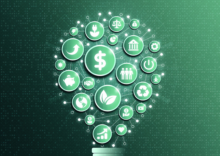 An illustration in green of a lightbulb made up of various icons including a dollar sign, a piggy bank and the earth.
