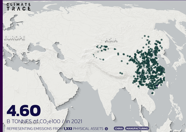 This Climate TRACE map shows the greenhouse-gas emissions and the CO2 level created in China’s manufacturing sector.