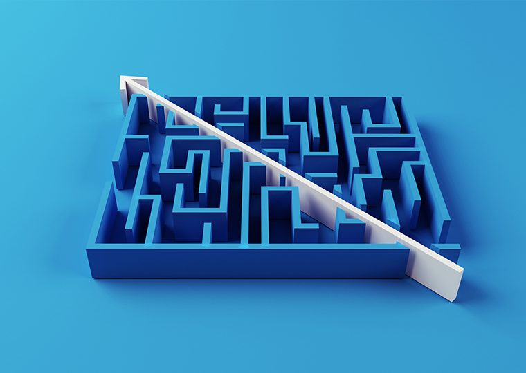 A dark blue maze with a white arrow that shows the way out all against a light blue background.