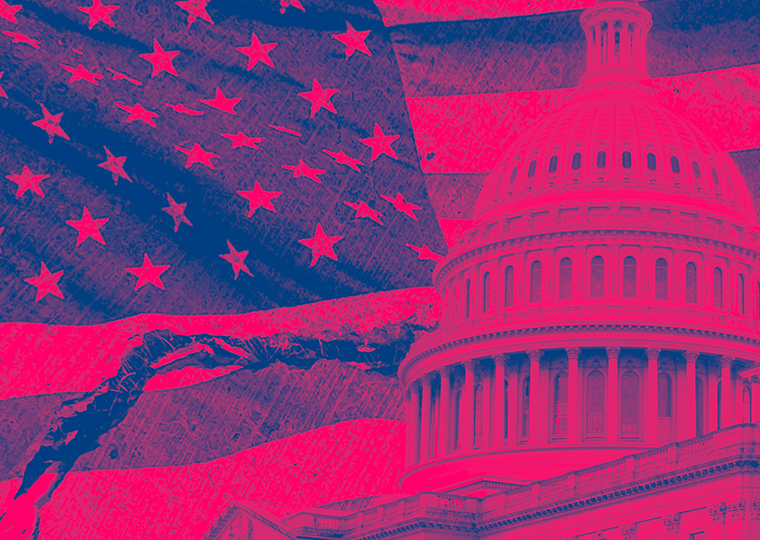 A photo illustration of the American flag with a crack through it and the Capitol building overlaid and a red filter over the entire image.