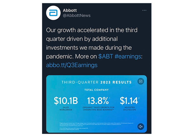 A Tweet that lists the earnings of Abbott Laboratories.