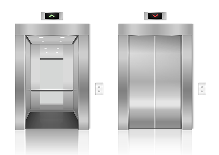 3D realistic empty open and closed chrome elevator doors with buttons on White background.