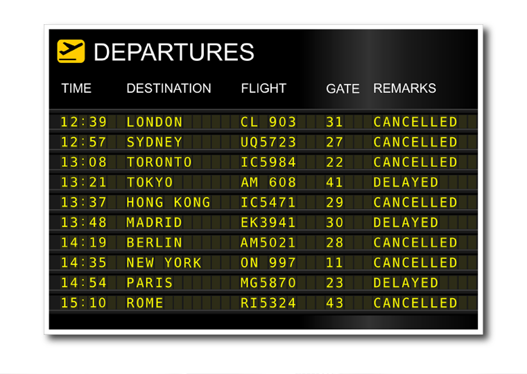 A departures board for international flights at an airport