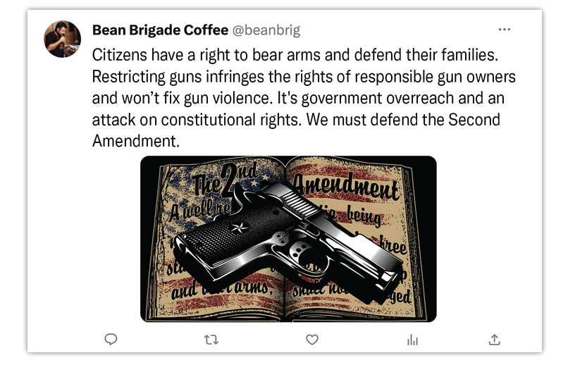 A mock Twitter post from a fake coffee company called Bean Brigade Coffee touting support for gun rights with an illustration of a gun over an open book of the Second Amendment
