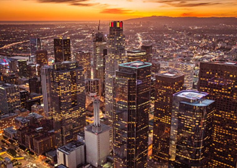 Aerial view of Los Angeles at sunset.