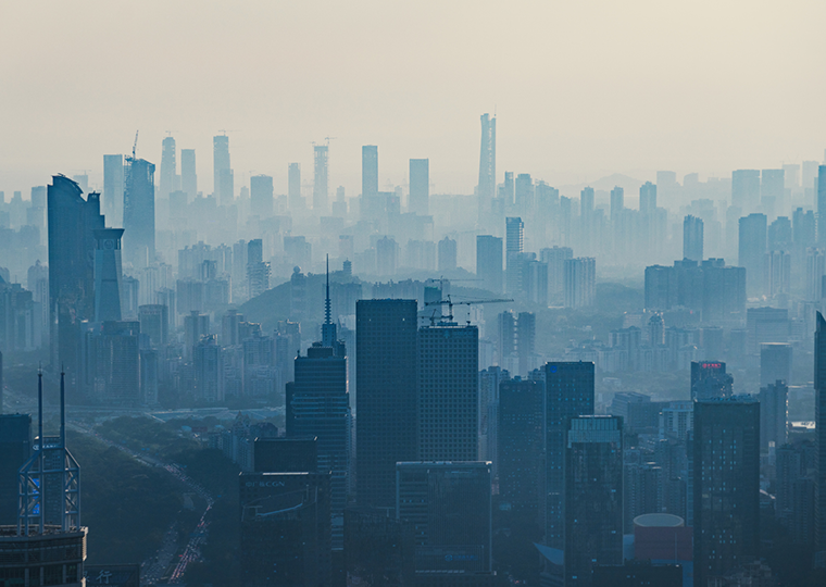 The skyline of Shenzhen, China, amid pollution.