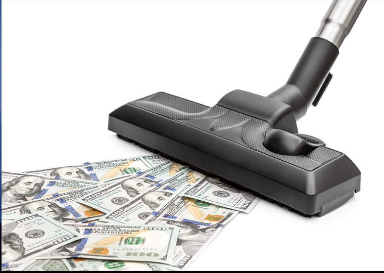 Vacuum cleaner sucking money on white background.