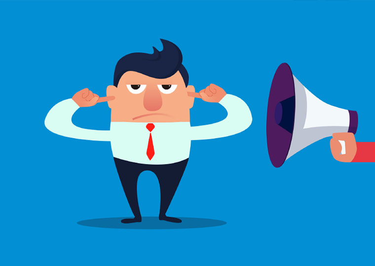 Illustration of businessman plugging ears with fingers and megaphone to the right of him,