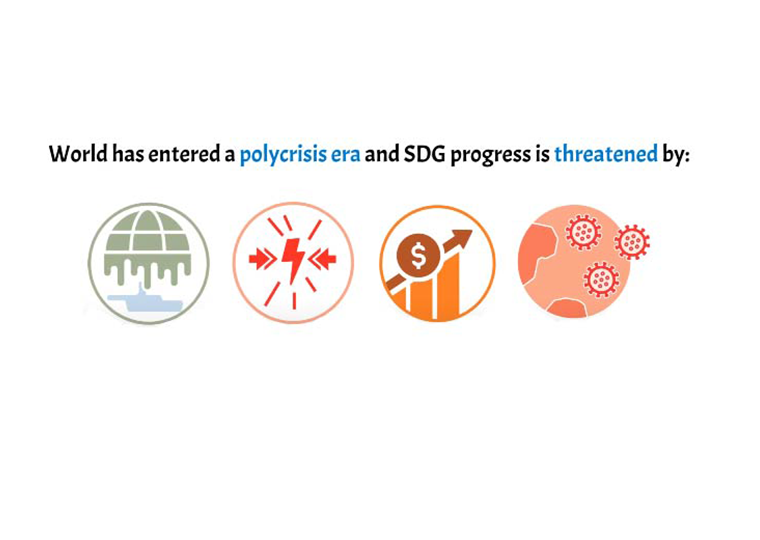 A graphic with text above that reads, "World has entered a polycrisis era and SDG progress is threatened by" and underneath the text are a series of graphics