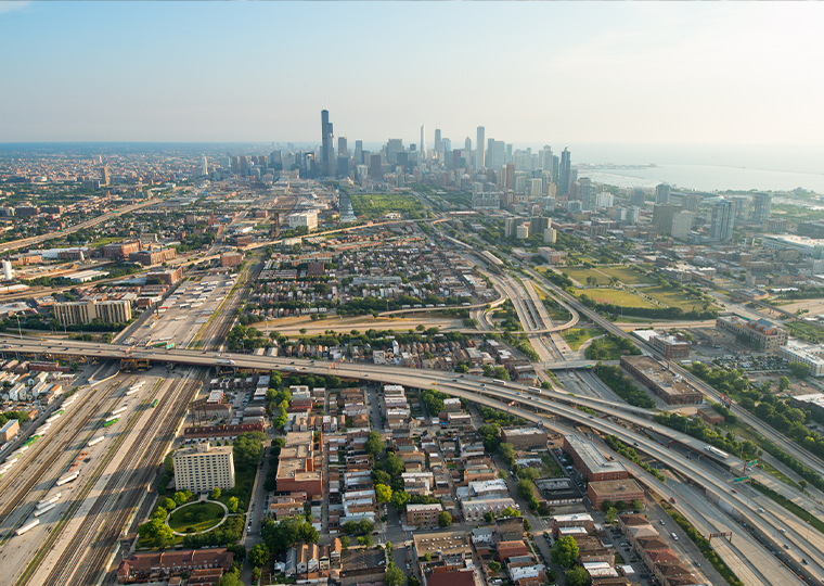 Aerial view of Chicago from the south.