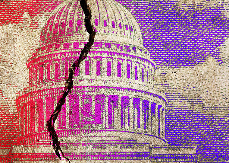 A color illustration of the top of the U.S. Capitol building with a crack down the center.