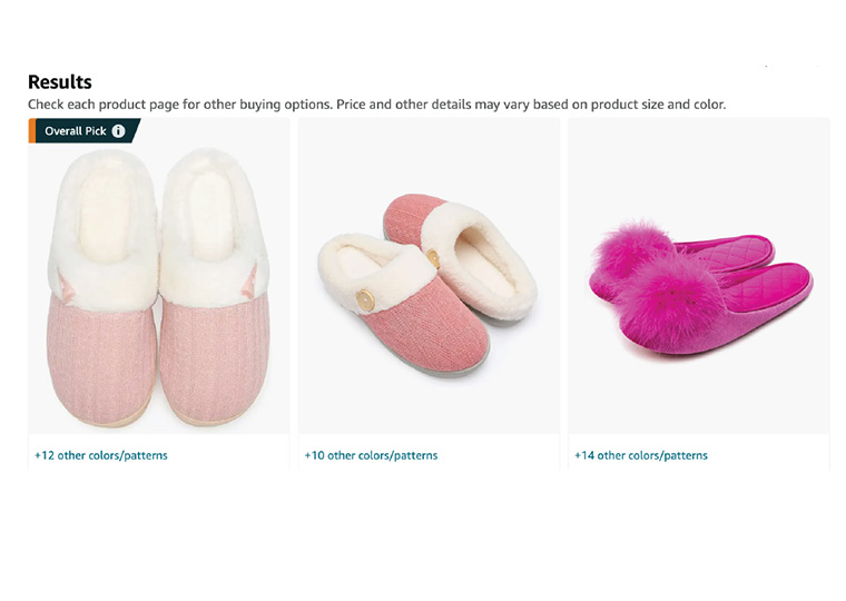 Search results of three different types of pink slippers