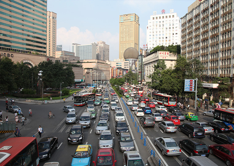 A sunny afternoon traffic jam in Chengdu, China.