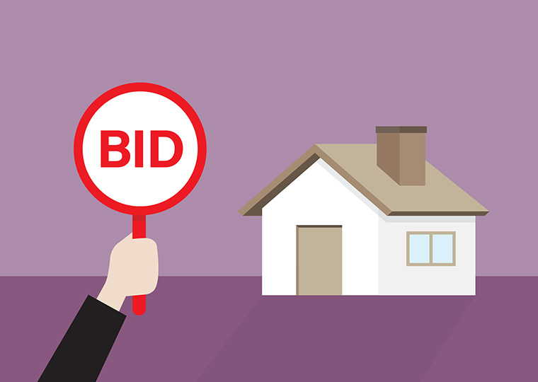 Illustration of a hand holding a bidding panel and a house.