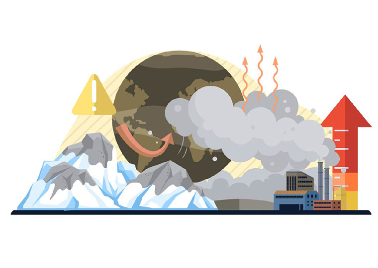 Global warming vector illustration. Environmental conservation is shield, protecting fragile ecosystem from arrows co2 emissions Co2, silent intruder in atmosphere, weaves narrative global warming