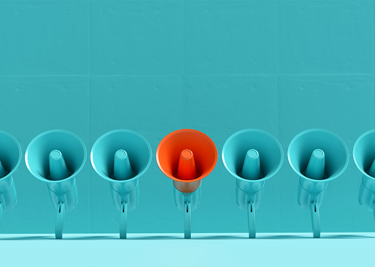 Blue megaphones in a row with one of them is in orange color on blue background.