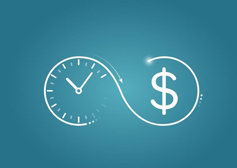 Vector logo of a clock flowing into dollar symbol