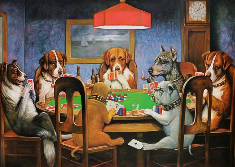 Painting of dogs playing poker.