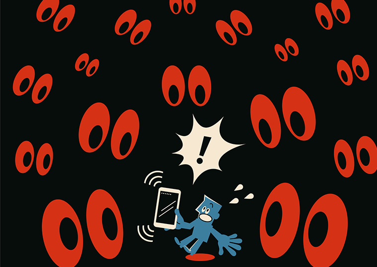 Smartphone security concept and how to keep your data safe from hackers. The blue man is using a smartphone and he is being watched by many eyes.