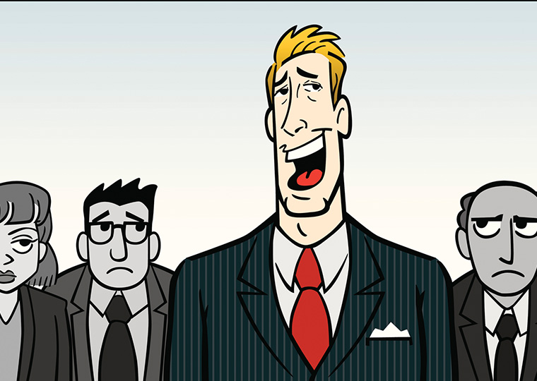 Illustration of an overbearing boss in color in the center with his office staff in black and white, three on each side of him
