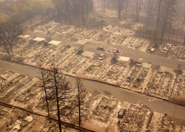 An aerial photo of a burned neighborhood in Paradise, California, on November 15, 2018, after one of the deadliest wildfires in recent California history.