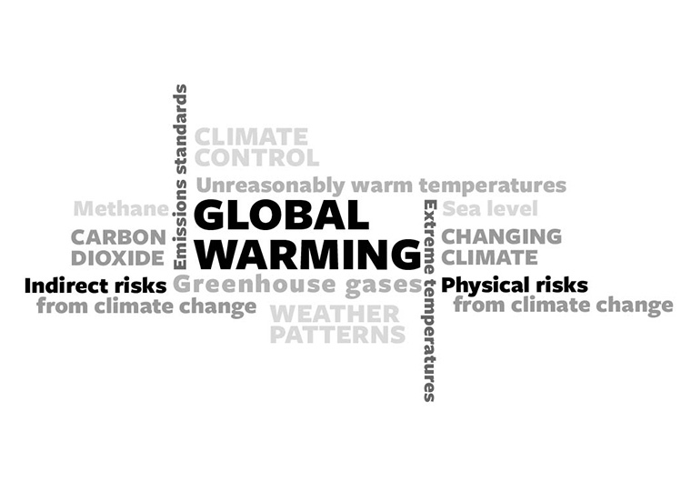 A word cloud in various shades of gray and black featuring climate changes terms