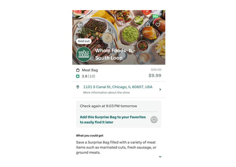 A screenshot of a Meat Bag from Whole Foods for sale on the Good to Go app