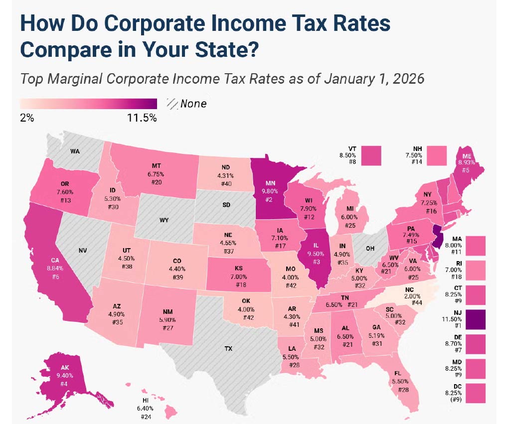 A shaded map of corporate taxes in the United States.