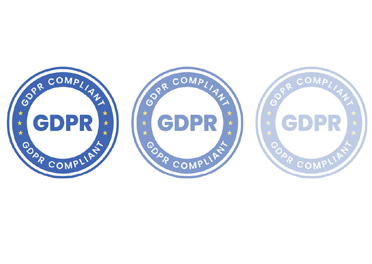 Three blue and white round GDPR logos that gradually fade from left to right.