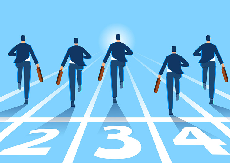 Illustration of businessmen with briefcases running forward on their respective running tracks
