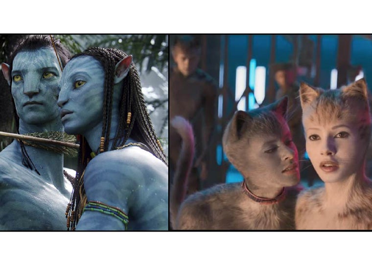 A publicity still of the film Avatar, on the left, and the film Cats, on the right.