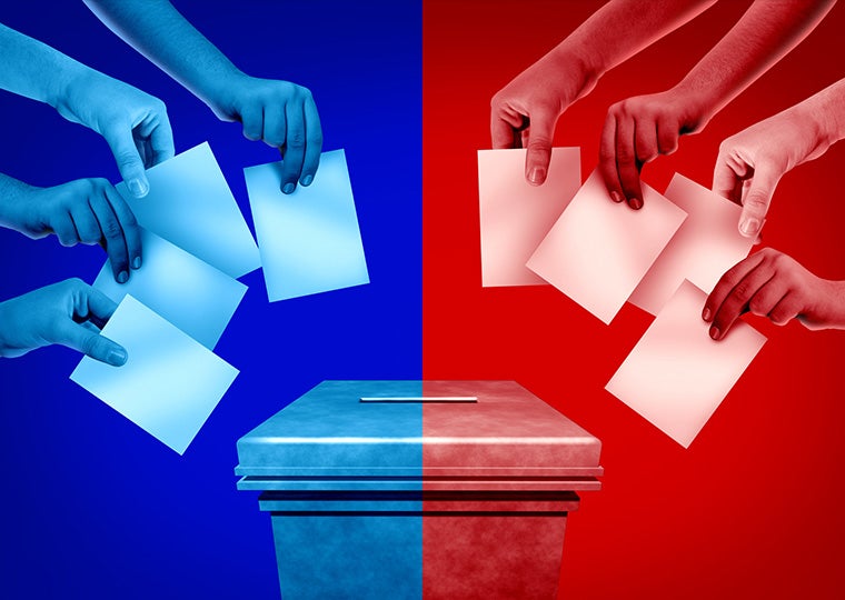 An illustration denoting the political divide in the U.S. with four hands holding ballots on the left with a blue overlay a ballot box in the middle and four hands holding ballots on the right with a red overlay.