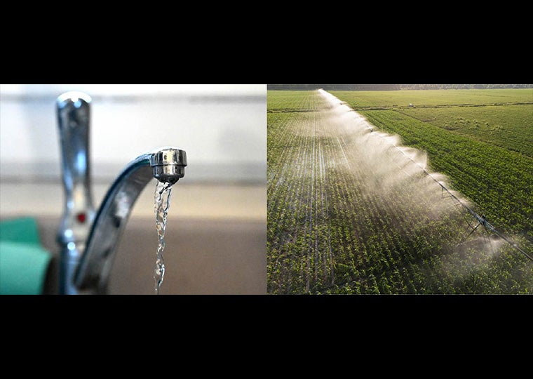 Photo on the left is a faucet with water coming out of it. Photo on the right is an agriculture field being watered with irrigation system