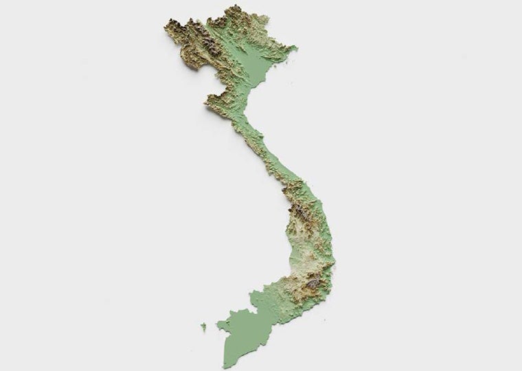 3D render of a topographic map of Vietnam.