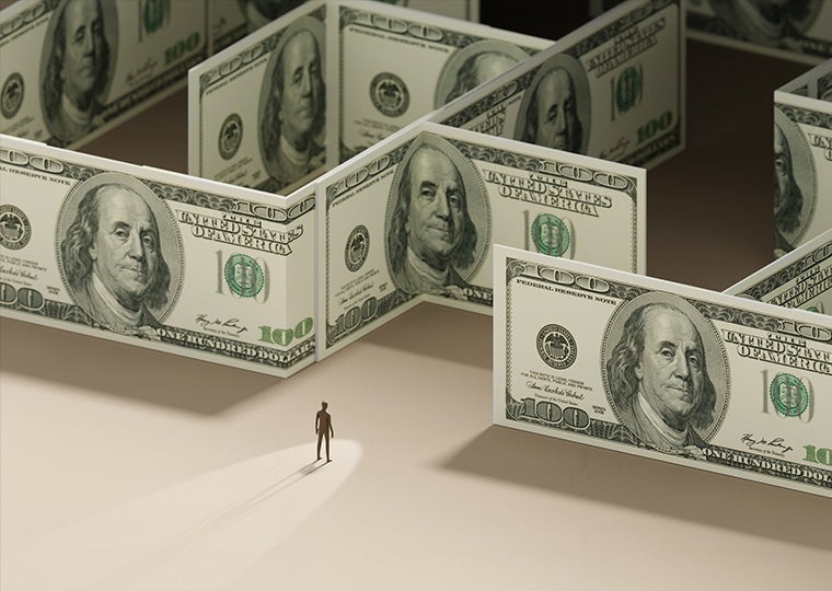 Illustration of a man standing outside a large maze made of money.