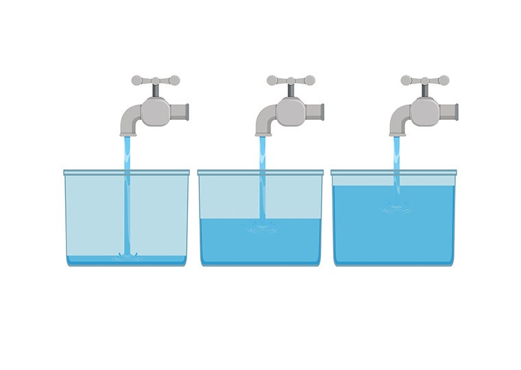 Tap water at different levels in three buckets