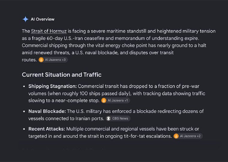 AI overviews on the Strait of Hormuz.