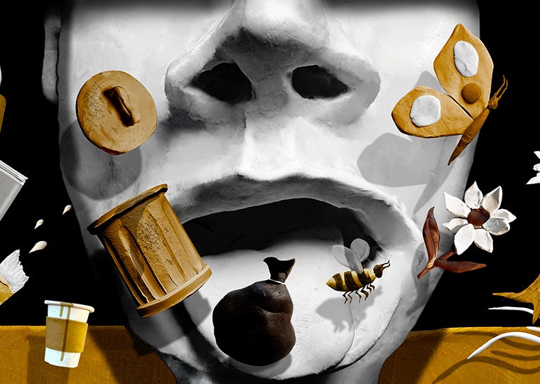 An illustration depicting greenwashing as a concept featuring part of a face and various objects floating around it.